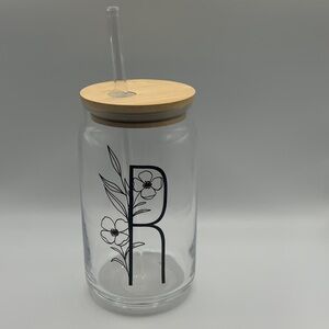 Expressions R Monogram Glass with Bamboo Lid and Glass Straw